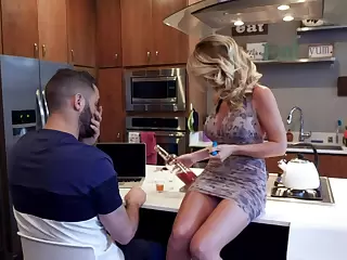 Stepson takes a shot immigrant stepmom's boobies and fucks her cunt in chum around with annoy kitchen