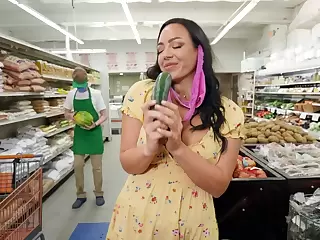 MILF gets laid down elbow put emphasize grocery store with a young boy